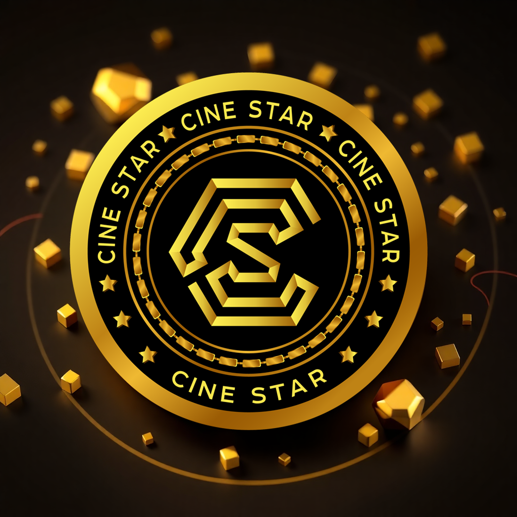3D golden cinema token with film reel and blockchain elements, dark background with gold accents, futuristic