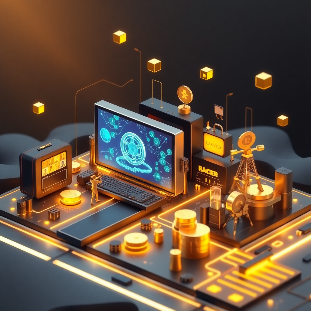 futuristic film industry ecosystem with blockchain elements, gold and black color scheme, 3D visualization